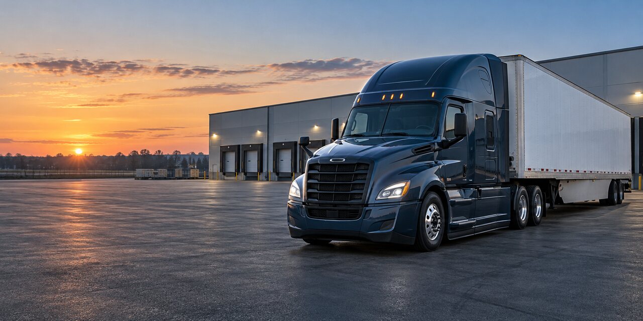 A semi-truck and trailer outside a freight terminal at dawn